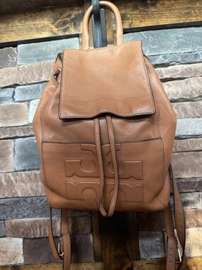 Tory Burch Cognac Pebbled Leather Drawstring Backpack